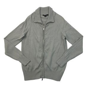 Boston Proper Sweater Womens M Medium Gray Full Zip Knit Cotton Ribbed Trim